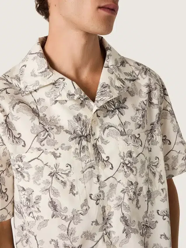 Camisas de algodón de manga corta para hombre con estampado floral en blanco y negro