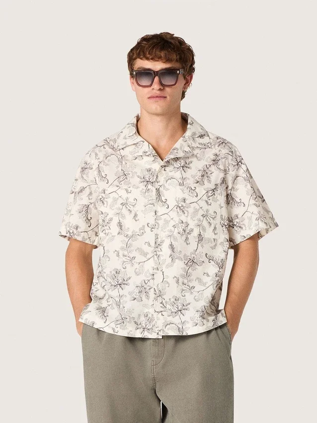 Camisas de algodón de manga corta para hombre con estampado floral en blanco y negro