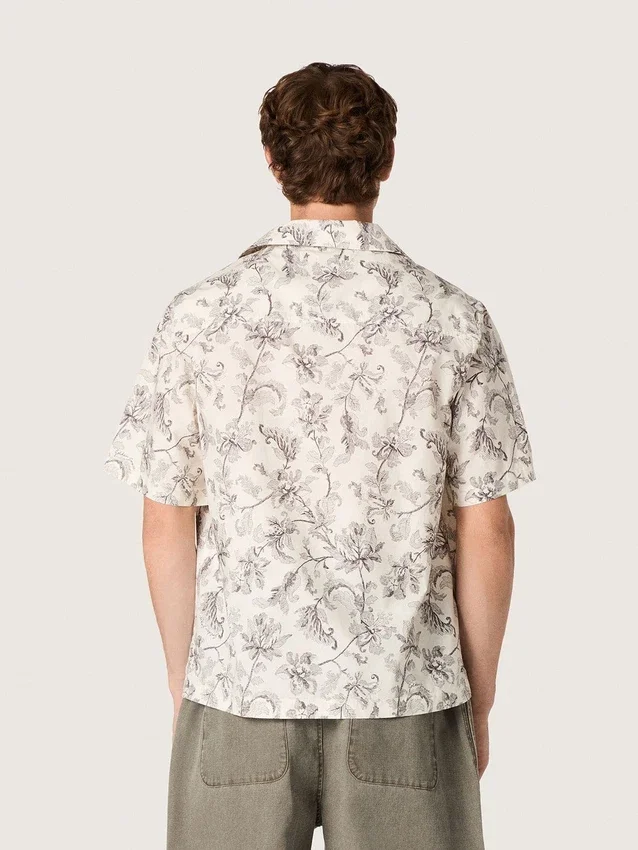 Camisas de algodón de manga corta para hombre con estampado floral en blanco y negro