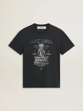 Camisas de algodón para hombre en negro desgastado con estampado en el frente