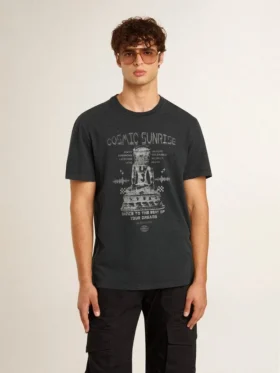 Camisas de algodón para hombre en negro desgastado con estampado en el frente
