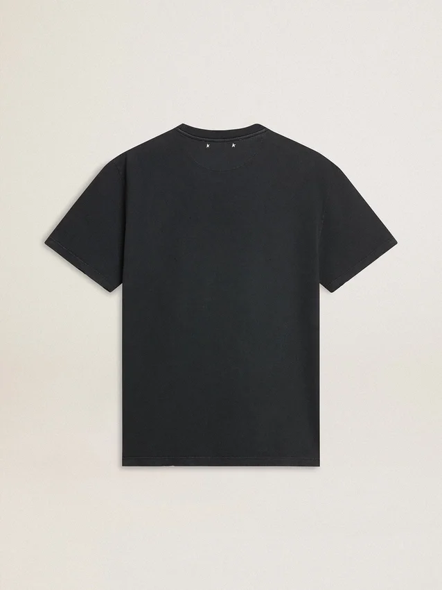 Camisas de algodón para hombre en negro desgastado con estampado en el frente