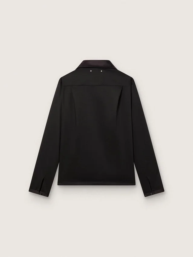 Camisas de hombre de sarga de lana negra con detalles de satén negro