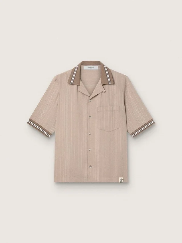 Camisas de manga corta para hombre en lana fresca gris con rayas finas