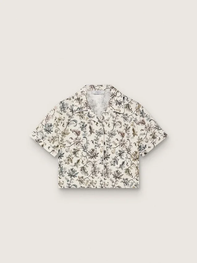 Camisas de manga corta para niñas Journey en lona de algodón blanca con estampado floral verde