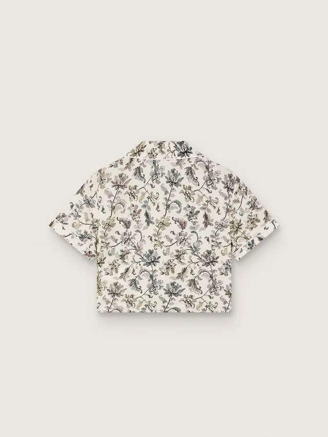 Camisas de manga corta para niñas Journey en lona de algodón blanca con estampado floral verde