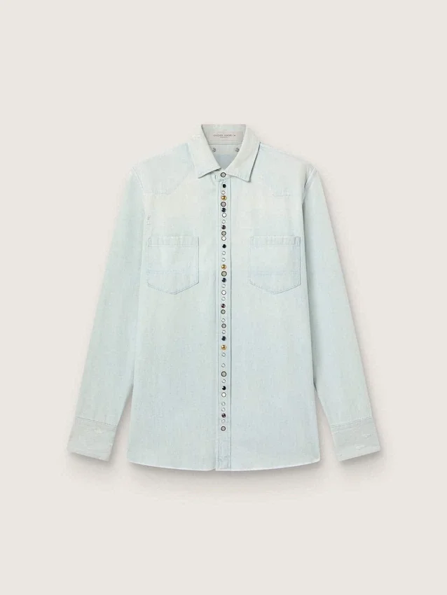 Camisas de mezclilla decoloradas para hombre con tachuelas martilladas