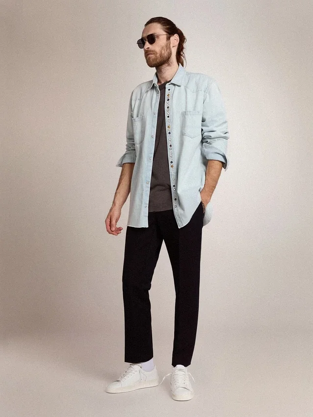 Camisas de mezclilla decoloradas para hombre con tachuelas martilladas