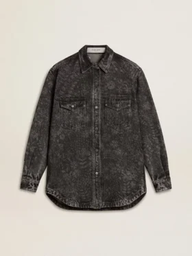 Camisas de mezclilla negras para mujer con estampado floral tono sobre tono