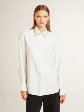 Camisas de mujer con diseño de rayas verticales y bordado de cristales