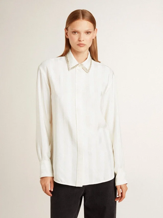 Camisas de mujer con diseño de rayas verticales y bordado de cristales