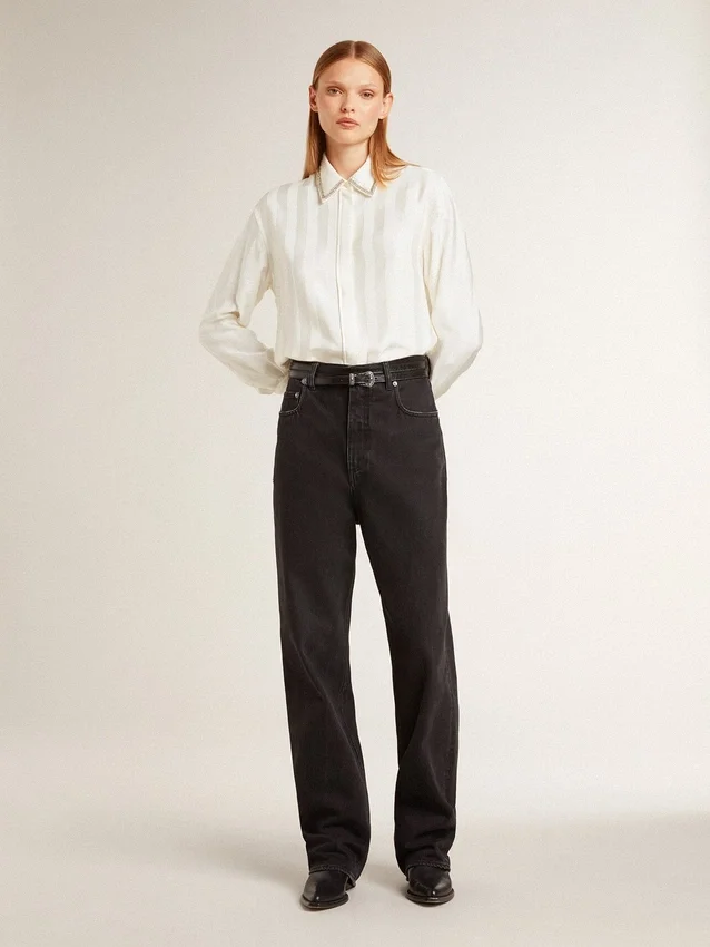Camisas de mujer con diseño de rayas verticales y bordado de cristales