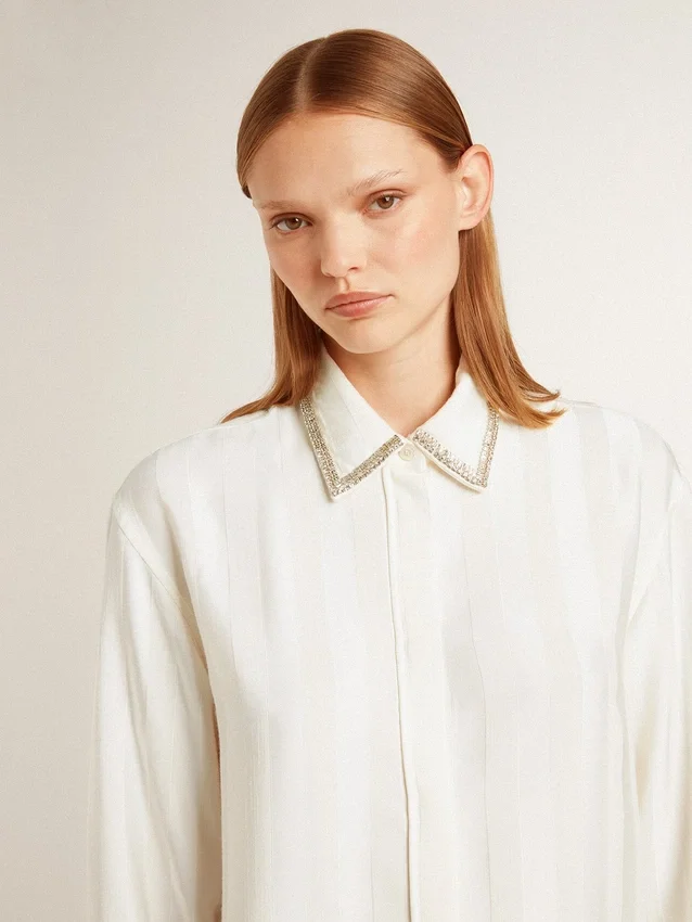 Camisas de mujer con diseño de rayas verticales y bordado de cristales