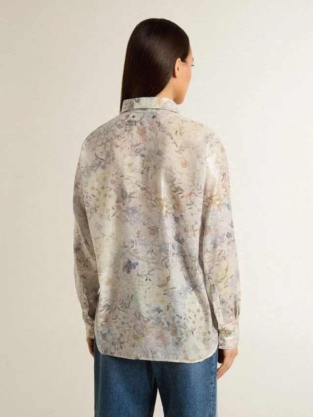 Camisas de mujer con estampado floral multicolor de lentejuelas