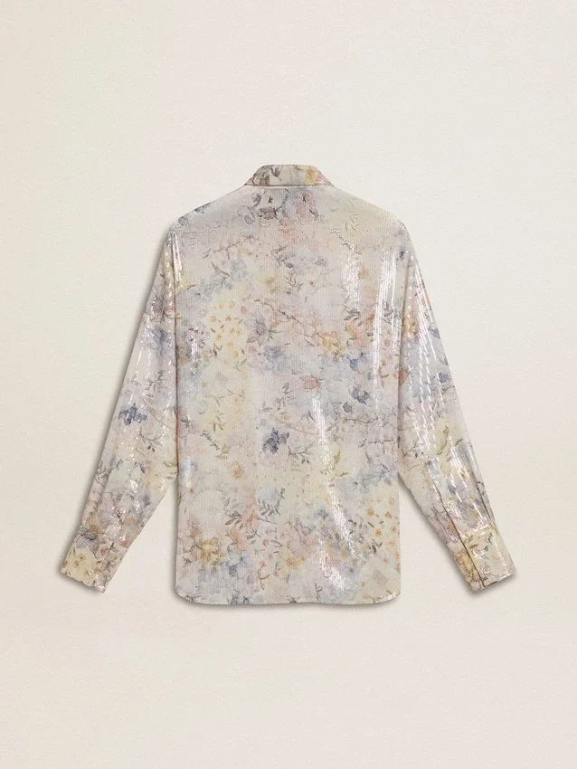 Camisas de mujer con estampado floral multicolor de lentejuelas