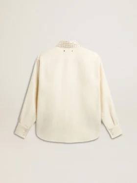 Camisas de mujer de mezcla de viscosa y algodón con cuello adornado con cristales