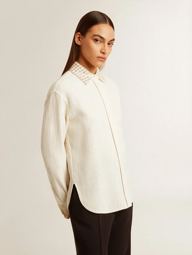 Camisas de mujer de mezcla de viscosa y algodón con cuello adornado con cristales