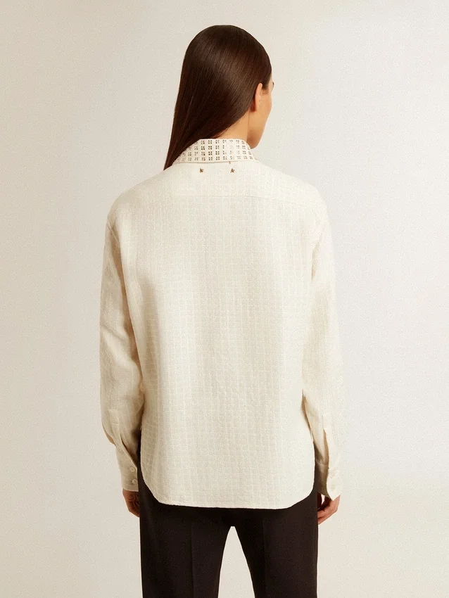 Camisas de mujer de mezcla de viscosa y algodón con cuello adornado con cristales