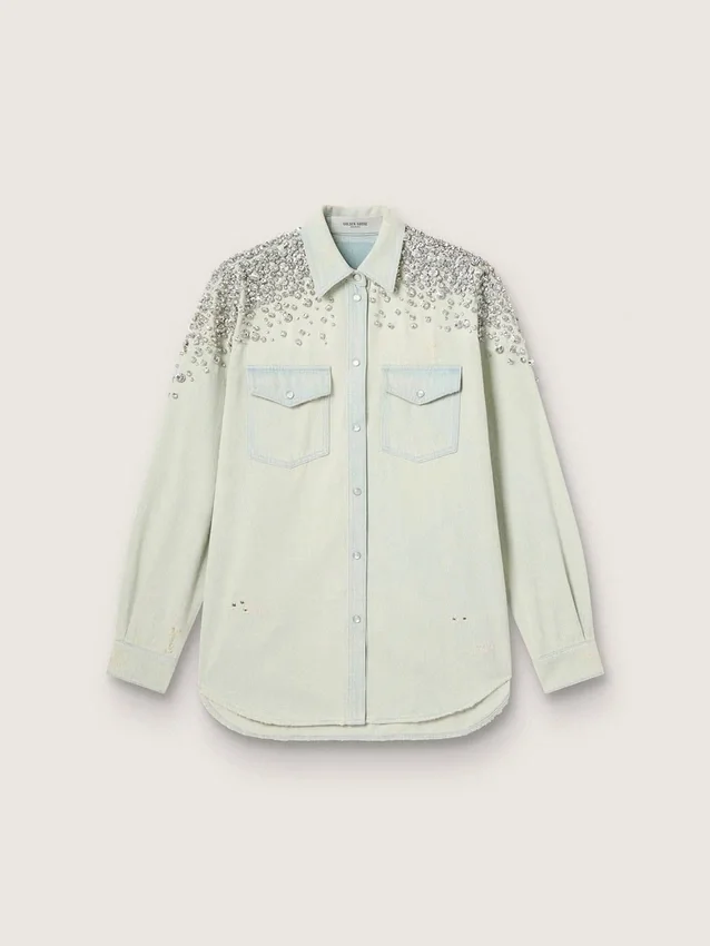 Camisas de mujer estilo boyfriend decoloradas con cristales cabujón
