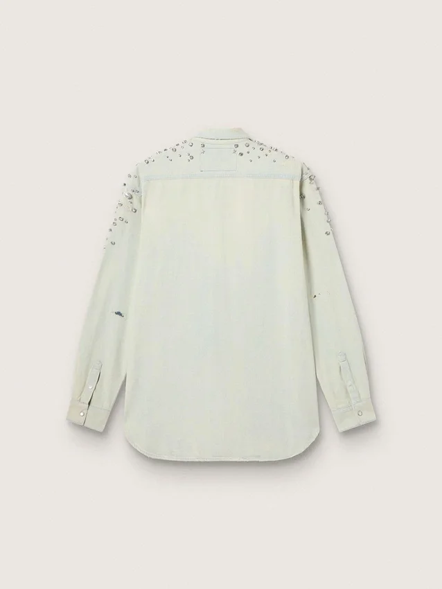 Camisas de mujer estilo boyfriend decoloradas con cristales cabujón