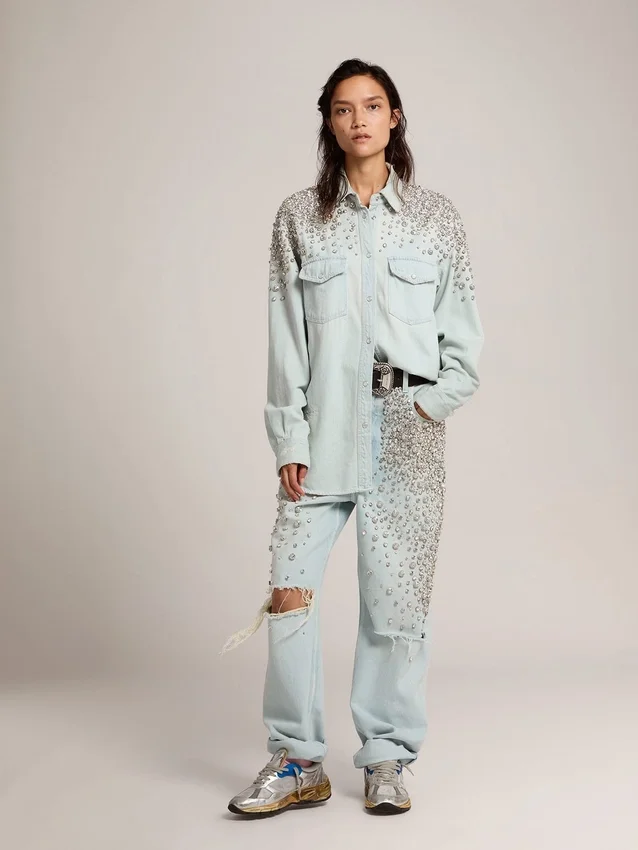 Camisas de mujer estilo boyfriend decoloradas con cristales cabujón