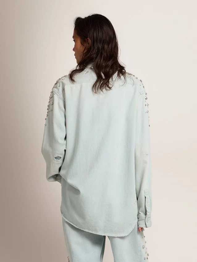 Camisas de mujer estilo boyfriend decoloradas con cristales cabujón