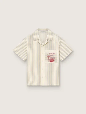 Camisas de niños a rayas en color crudo, beige y gris con bordado «Frutteria Golden»