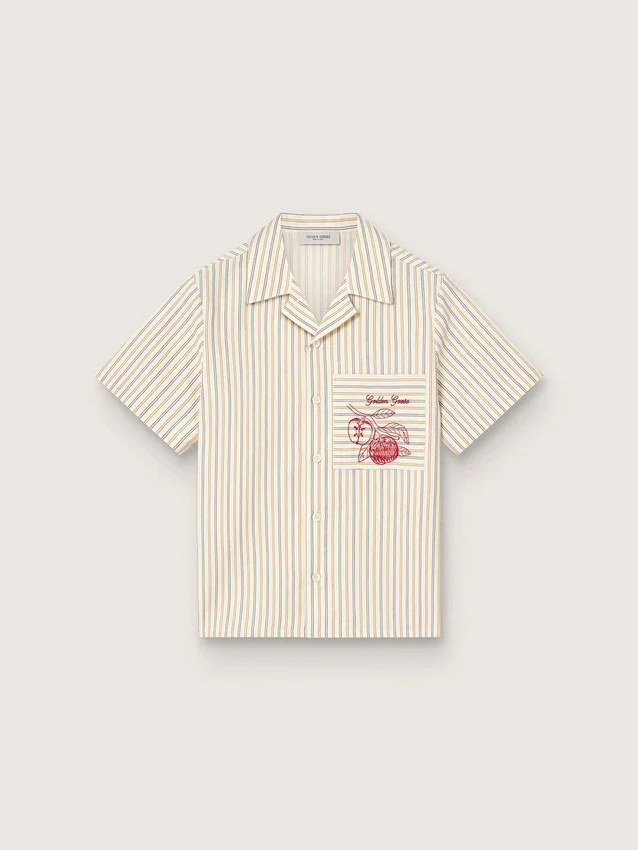 Camisas de niños a rayas en color crudo, beige y gris con bordado «Frutteria Golden»