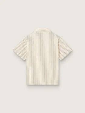 Camisas de niños a rayas en color crudo, beige y gris con bordado «Frutteria Golden»