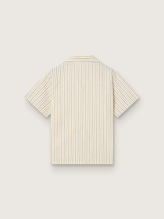Camisas de niños a rayas en color crudo, beige y gris con bordado «Frutteria Golden»