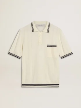 Camisas de punto para hombre en blanco desgastado con ribetes azules