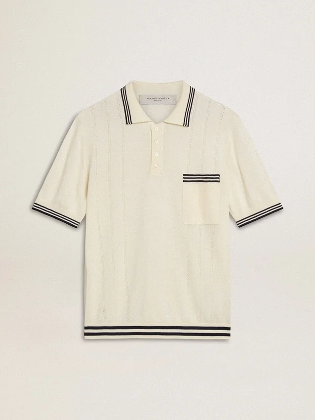 Camisas de punto para hombre en blanco desgastado con ribetes azules