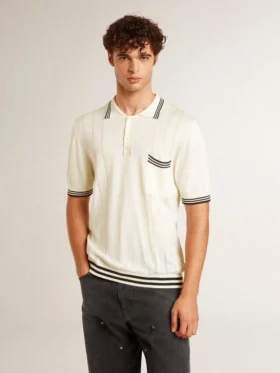 Camisas de punto para hombre en blanco desgastado con ribetes azules