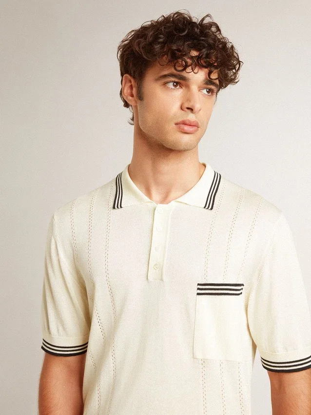 Camisas de punto para hombre en blanco desgastado con ribetes azules