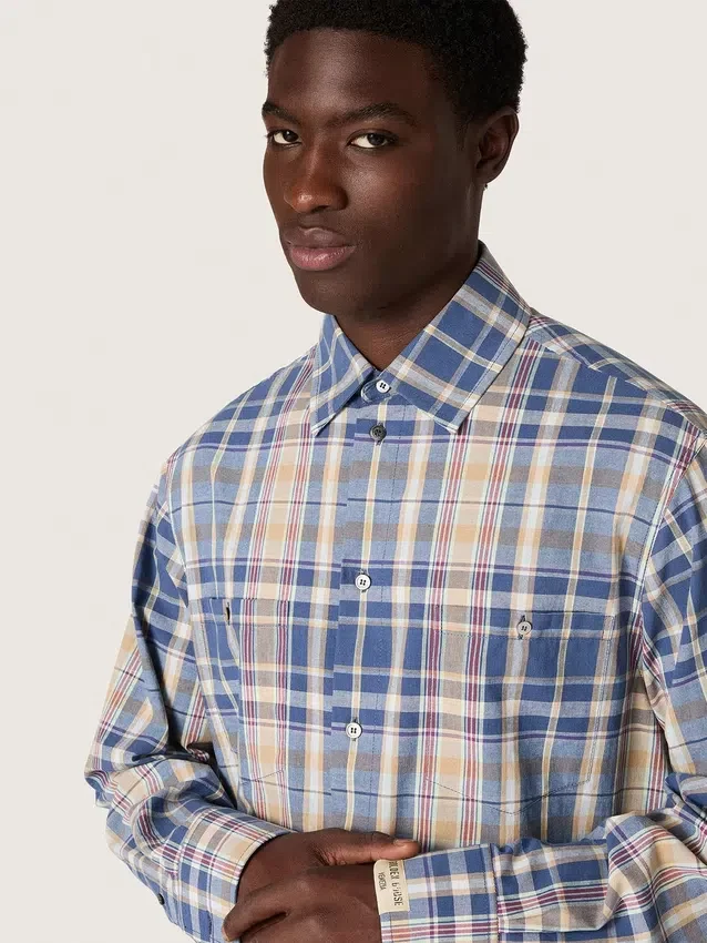 Camisas oversize para hombre de algodón a cuadros en índigo y beige