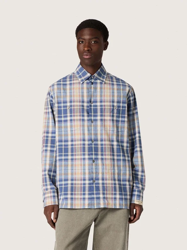 Camisas oversize para hombre de algodón a cuadros en índigo y beige