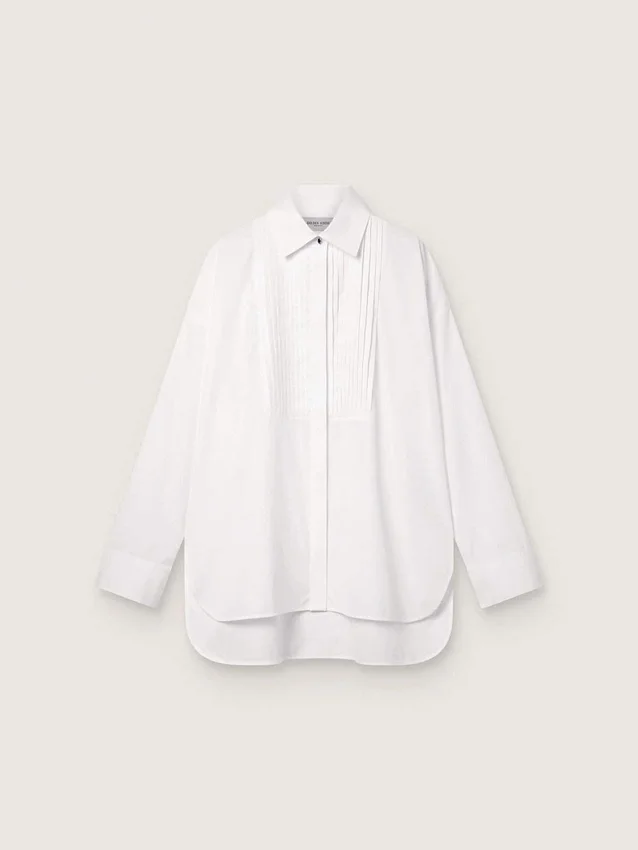 Camisas oversize para mujer de algodón blanco con detalles plisados y botones de joyería