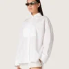 Camisas oversize para mujer de algodón blanco con detalles plisados y botones de joyería