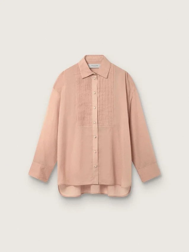 Camisas oversize para mujer en gasa de algodón color coral con detalle plisado