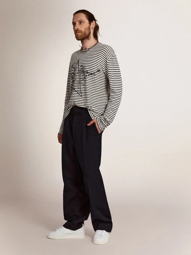 Camisas para hombre con rayas blancas y azules y bordado en el frente