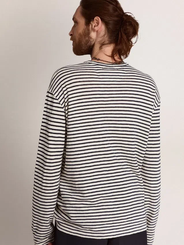 Camisas para hombre con rayas blancas y azules y bordado en el frente