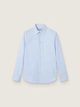 Camisas para niños de algodón a rayas azul claro y blanco con logotipo bordado