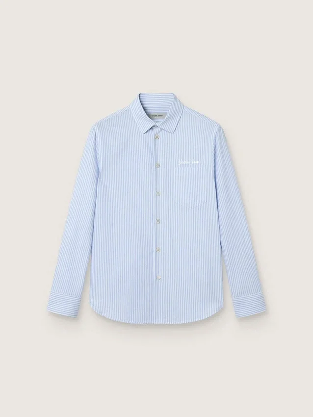 Camisas para niños de algodón a rayas azul claro y blanco con logotipo bordado