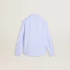 Camisas para niños de algodón a rayas azul claro y blanco con logotipo bordado