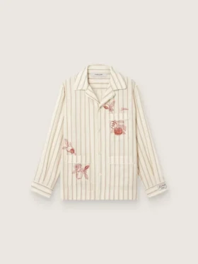 Camisas unisex de algodón y lino a rayas en tonos crudo y arena con bordados