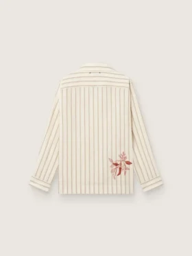 Camisas unisex de algodón y lino a rayas en tonos crudo y arena con bordados