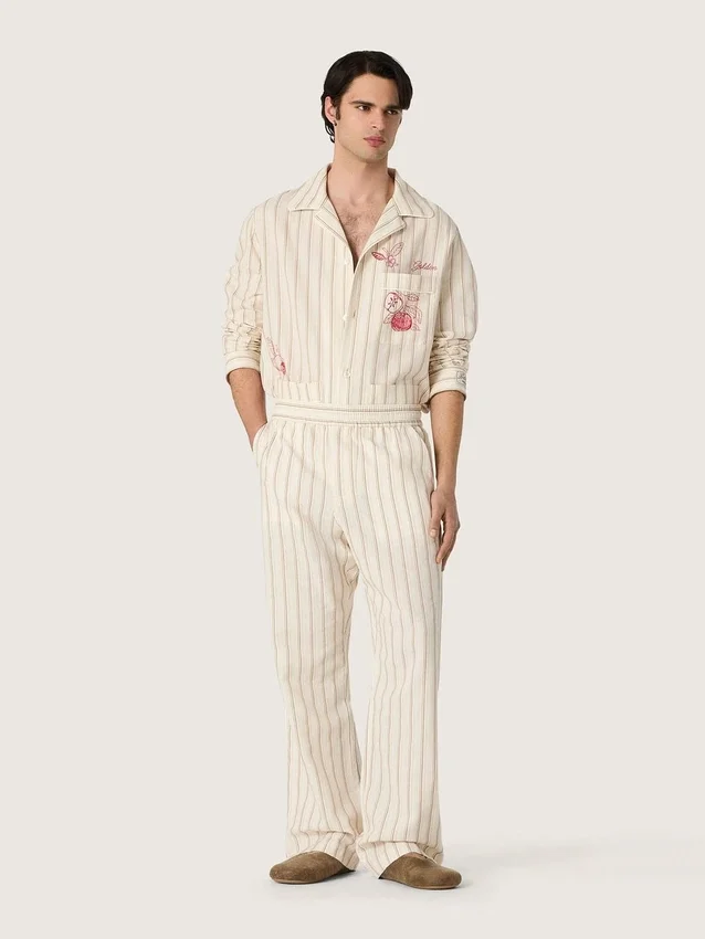 Camisas unisex de algodón y lino a rayas en tonos crudo y arena con bordados