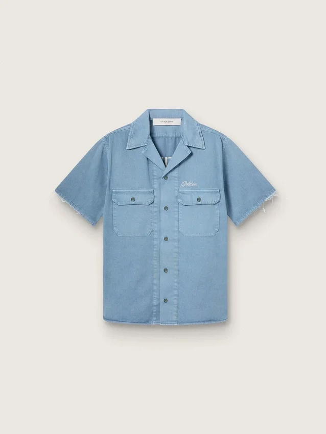 Camisas unisex de denim azul claro con bordado en la espalda