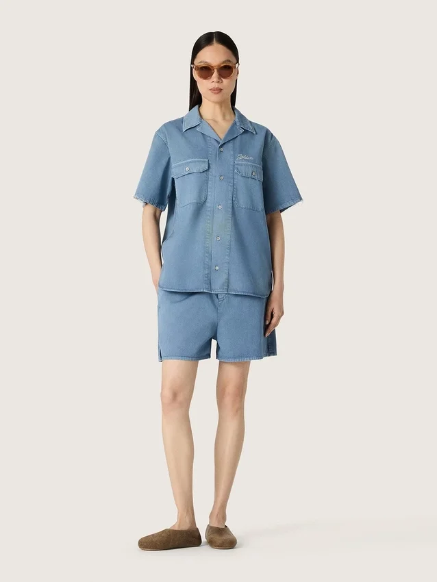 Shorts unisex de sarga de algodón azul claro
