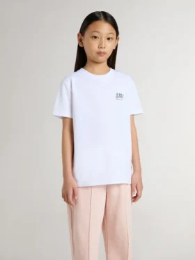Camiseta blanca de algodón para niños con estampado plateado